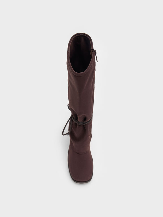 Faux Suede Tie-Around Knee-High Boots, Dark Brown Textured, hi-res