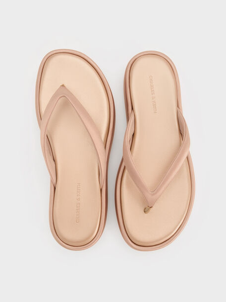 Satin Thong Flatform Sandals, Nude, hi-res