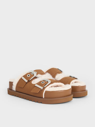 Hannah Furry Buckled Double-Strap Sandals, Brown, hi-res
