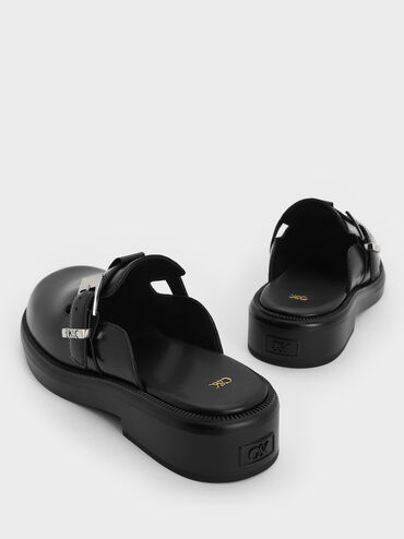 Leather Buckled Mules, Black, hi-res