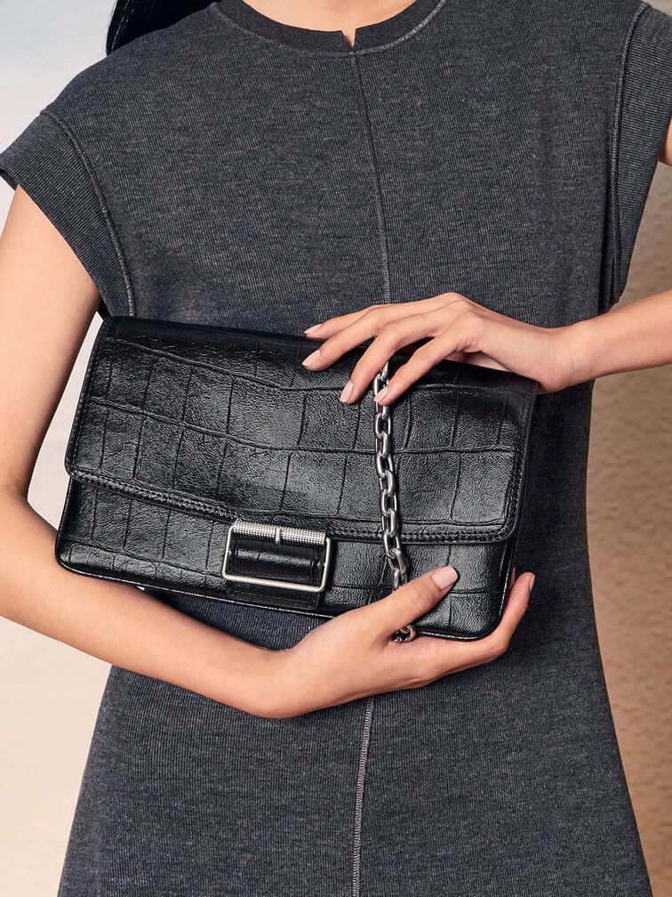 Liv Croc-Effect Grommet Chain-Handle Shoulder Bag, Noir, hi-res