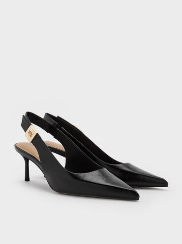 Cody Leather Pointed-Toe Kitten-Heel Slingback Pumps, Black, hi-res