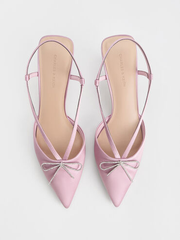 Recycled Polyester Crystal-Bow Kitten-Heel Slingback Pumps, Lilac, hi-res