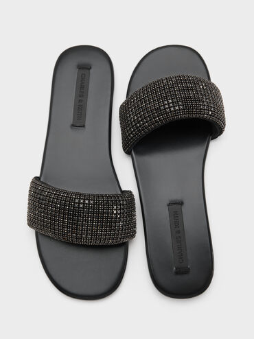 Faux Suede Crystal-Embellished Slide Sandals, Black Textured, hi-res