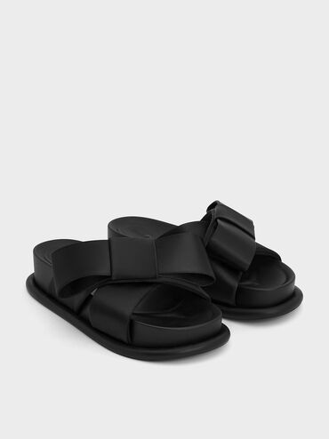 Satin Bow Flatform Sandals, Black Textured, hi-res