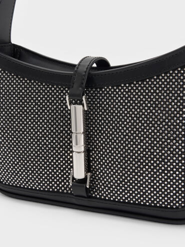 Cesia Satin Crystal-Embellished Metallic-Accent Shoulder Bag, Lustrous Noir, hi-res