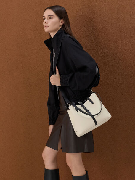 Beryl Two-Tone Belted Bucket Bag, Multi Cream, hi-res