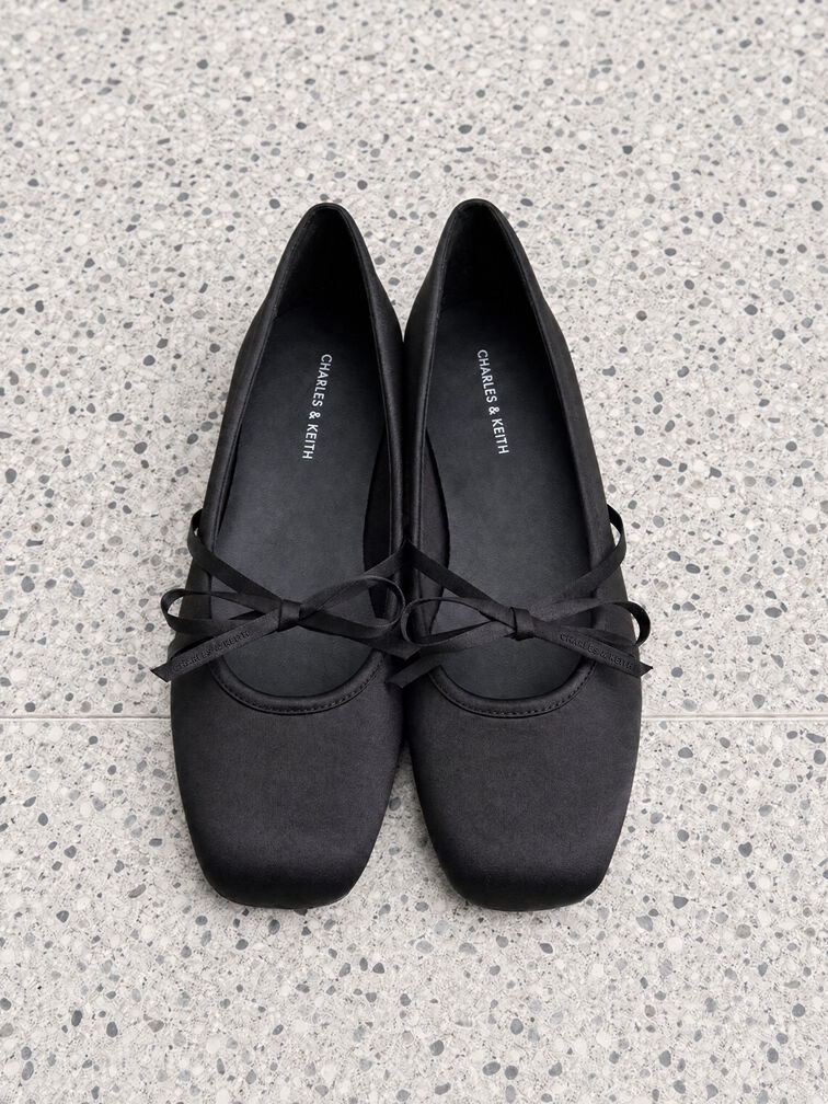 Satin Bow Ballet Flats, Black Textured, hi-res