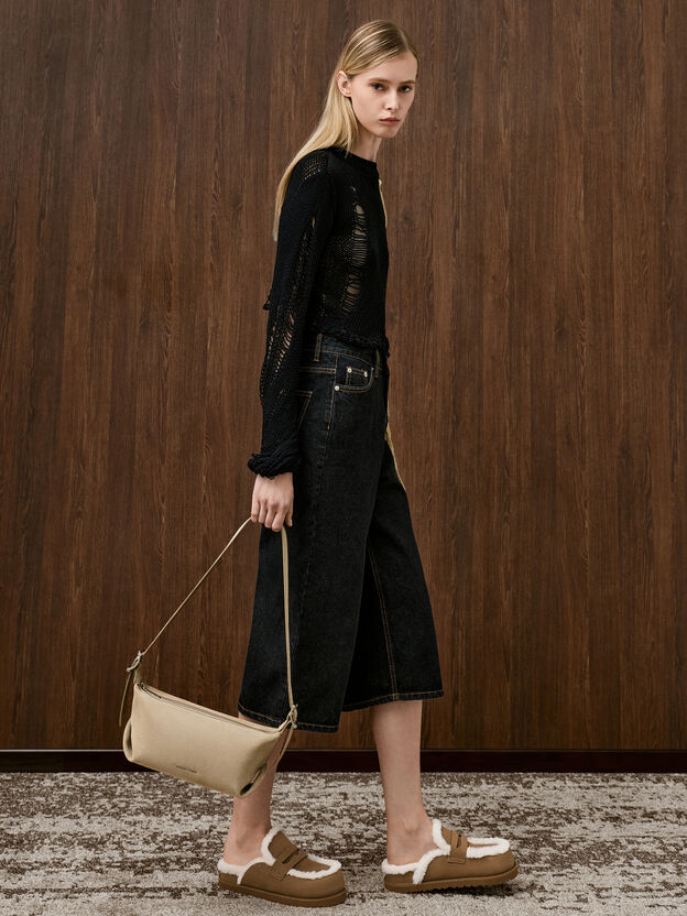 Furry Flatform Mules, Brown, hi-res