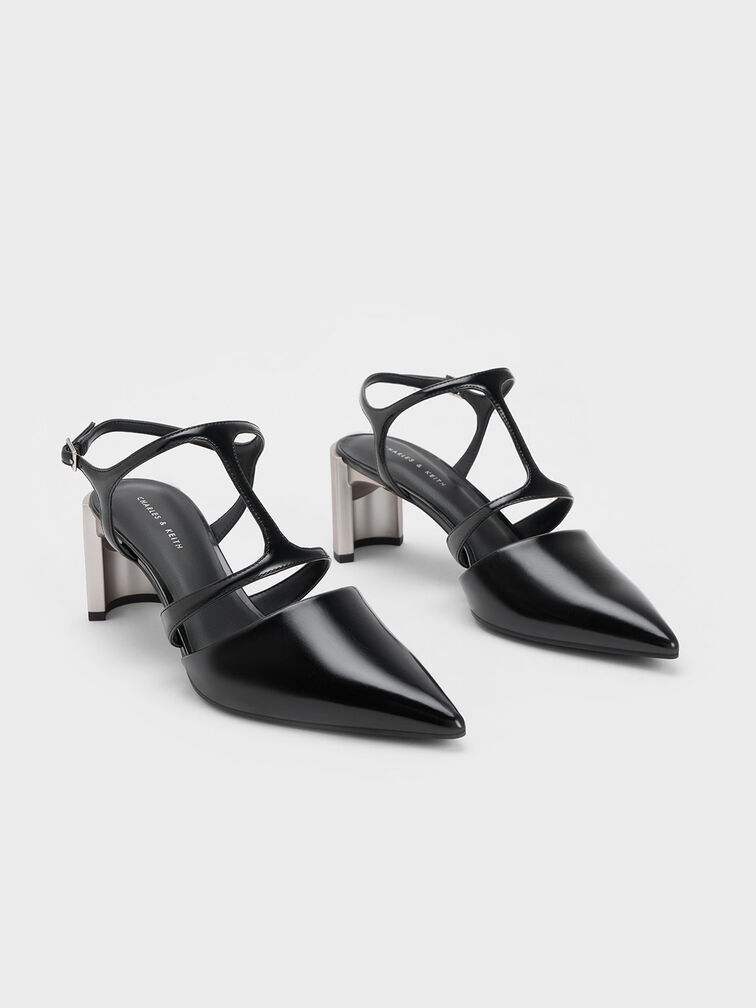 Curved Heel T-Strap Pumps, Black Box, hi-res