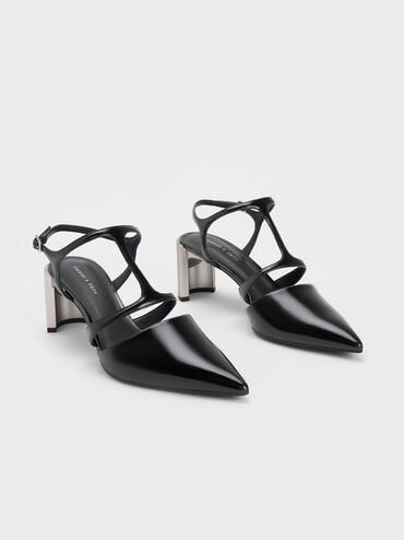 Curved Heel T-Strap Pumps, Black Box, hi-res