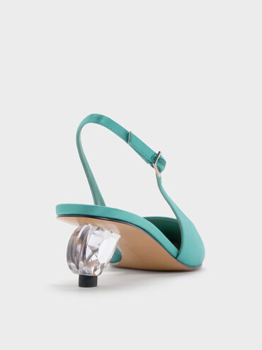 Satin Pointed-Toe Crystal-Heel Slingback Pumps, Teal, hi-res