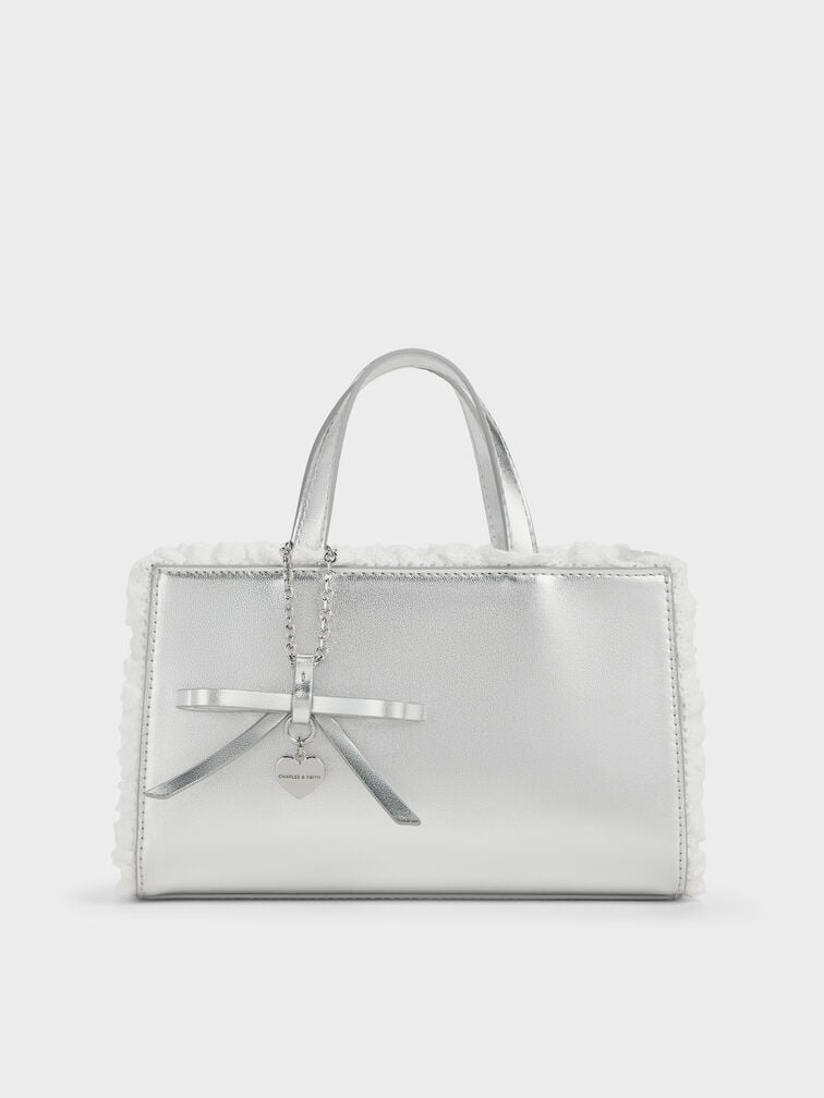 Raina Metallic Lace-Trim Tote Bag, Silver, hi-res