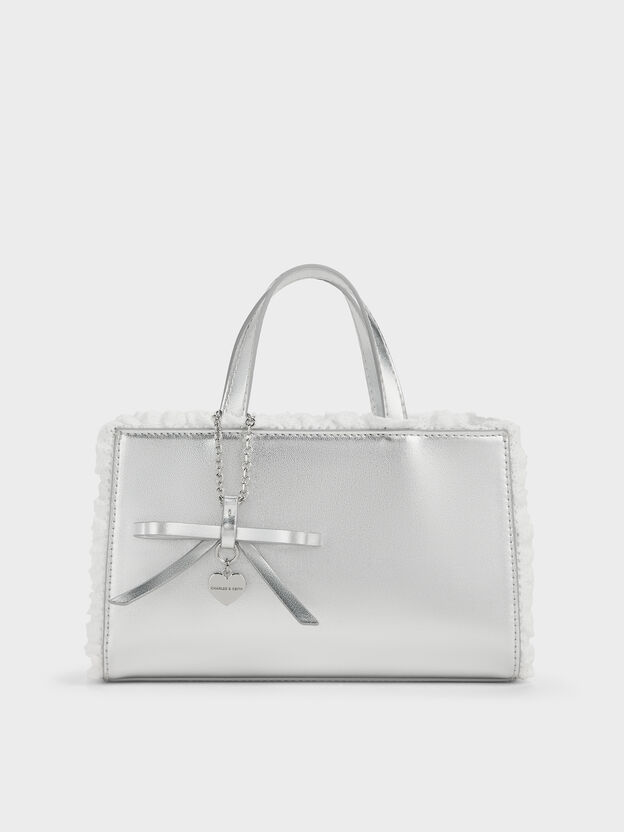 Raina Metallic Lace-Trim Tote Bag, Silver, hi-res