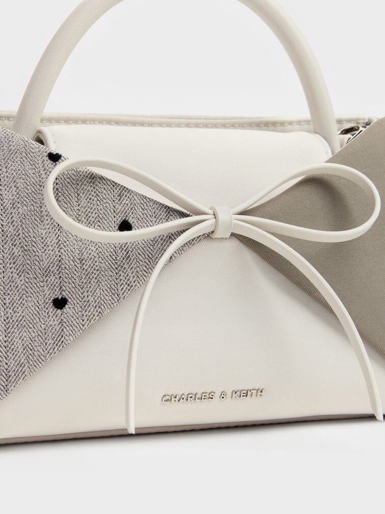Hazel Heart-Print Bow Panelled Top Handle Bag, Taupe, hi-res