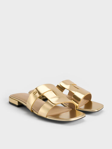Petina Metallic Leather Slide Sandals, Gold, hi-res