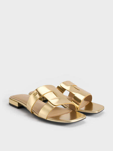 Petina Metallic Leather Slide Sandals, Gold, hi-res