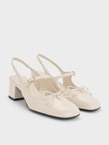 Patent Bow Crystal-Pearl Slingback Mary Jane Pumps, Chalk, hi-res