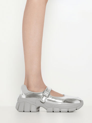 Yunna Metallic Leather & Recycled Fabric Mary Jane Sneakers, Silver, hi-res