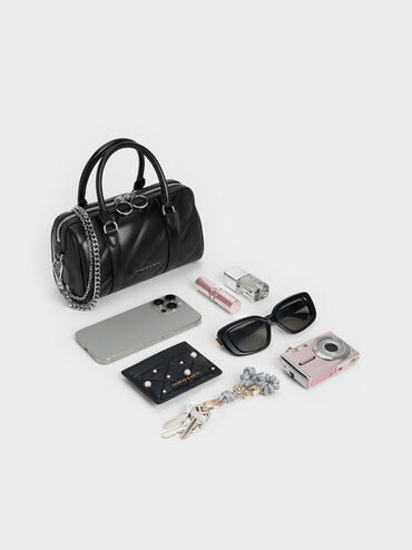 Philomena Panelled Chain-Handle Bowling Bag, Noir, hi-res