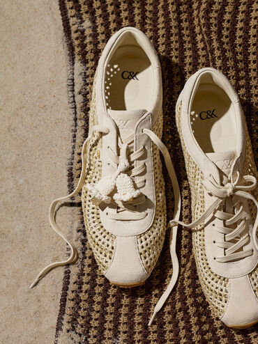 Jace Crochet & Suede Flower Sneakers, Chalk, hi-res