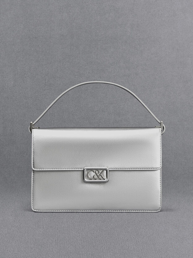 Metallic Leather Shoulder Bag, Silver, hi-res