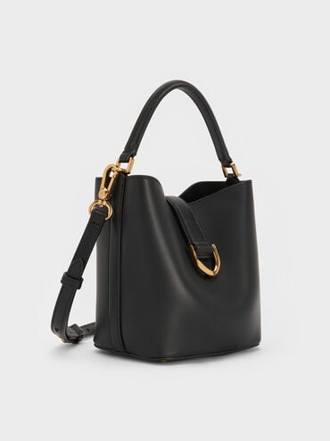 Gabine Leather Belted Top-Handle Bucket Bag, Black, hi-res