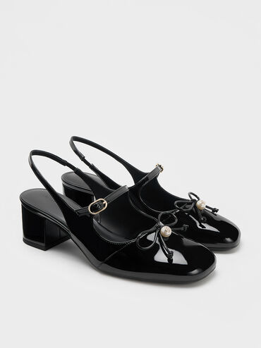 Patent Bow Crystal-Pearl Slingback Mary Jane Pumps, Black Patent, hi-res