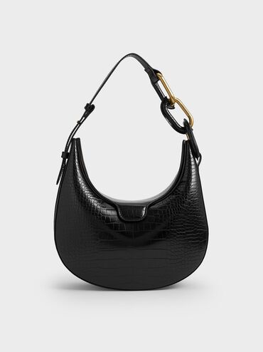 Kora Croc-Effect Metallic-Accent Moon Bag, Black, hi-res