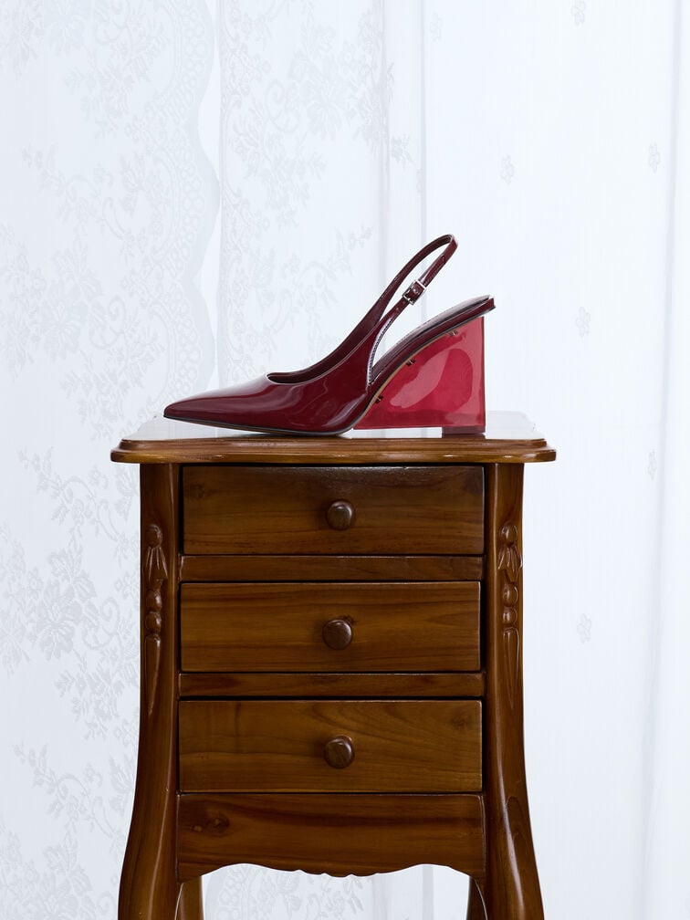 Patent Translucent-Heel Slingback Wedges, Burgundy, hi-res