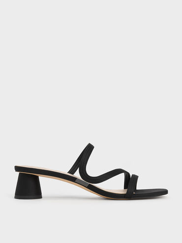 Arden Satin Wavy Strap Mules, Black, hi-res
