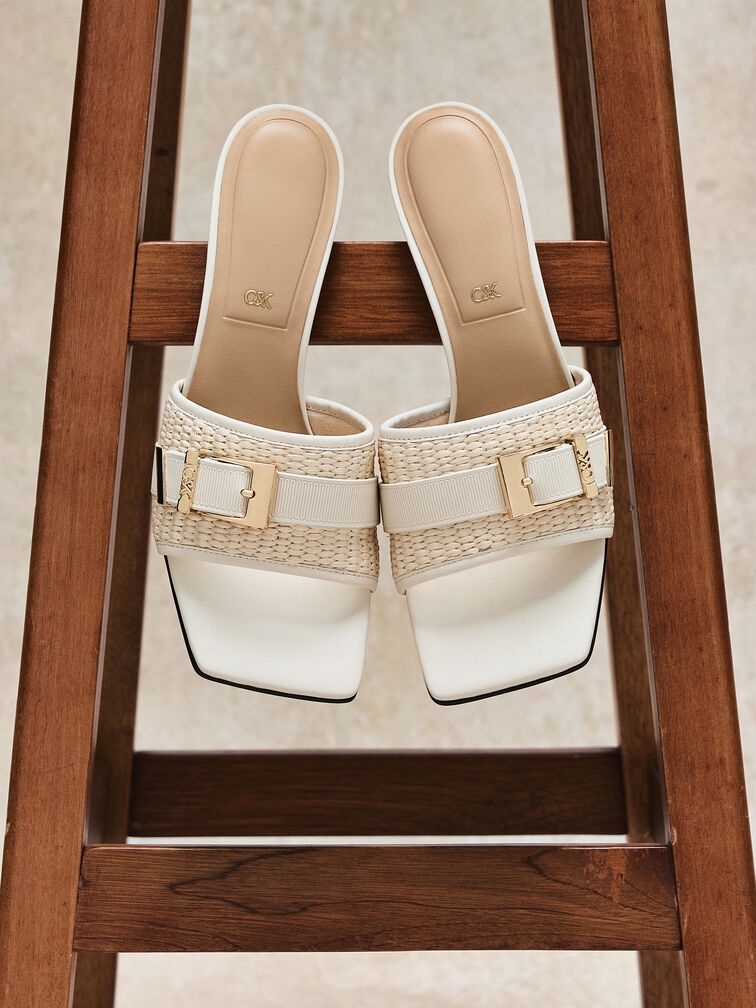 Whitney Leather & Raffia Buckled Heeled Mules, White, hi-res
