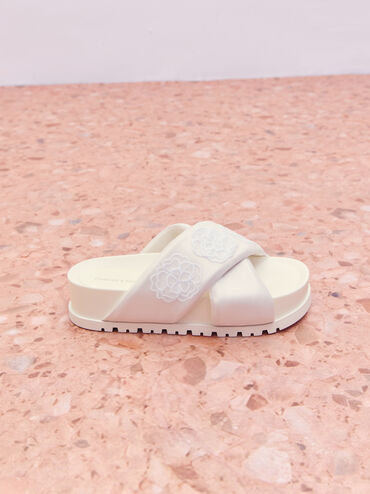 Satin Embroidered-Flower Crossover Sandals, Chalk, hi-res