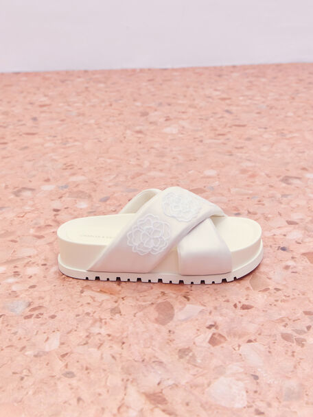 Satin Embroidered-Flower Crossover Sandals, Chalk, hi-res