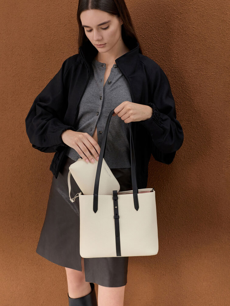 Beryl Two-Tone Belted Bucket Bag, Multi Cream, hi-res