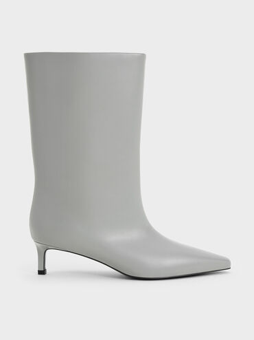 Elongated Tapered-Toe Kitten-Heel Calf Boots, Grey, hi-res