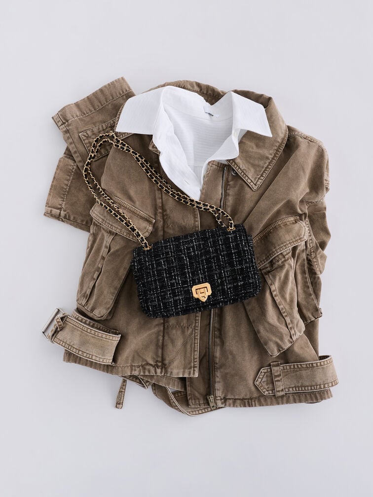 Arwen Tweed Diamond-Quilt Braided-Strap Shoulder Bag, Black Tweed, hi-res