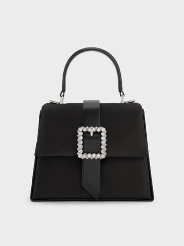 Satin Crystal-Buckle Belted Top Handle Bag, Noir, hi-res