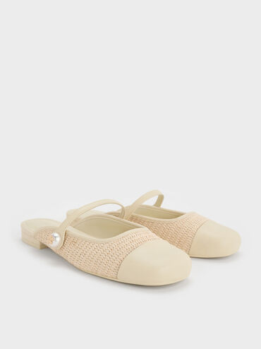 Aeryn Raffia Pearl-Embellished Slip-On Mary Janes, Cream, hi-res