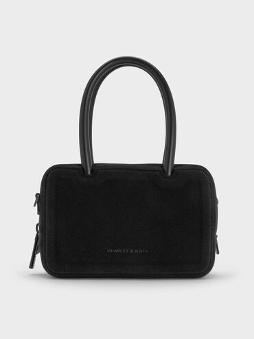 Perline Boxy Top Handle Bag With Floral Appliques, Jet Black, hi-res