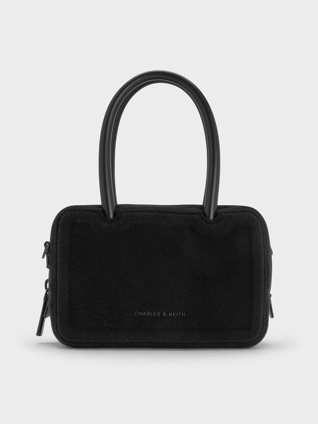 Perline Boxy Top Handle Bag With Floral Appliques, Jet Black, hi-res