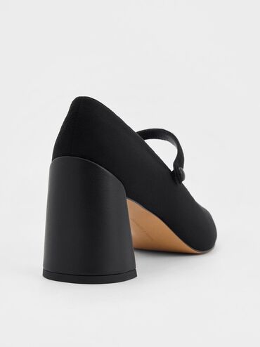 Faux Suede Cap-Toe Pointed Mary Jane Pumps, Black Textured, hi-res