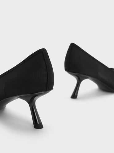Mesh Slant-Heel Pointed-Toe Pumps, Black Textured, hi-res