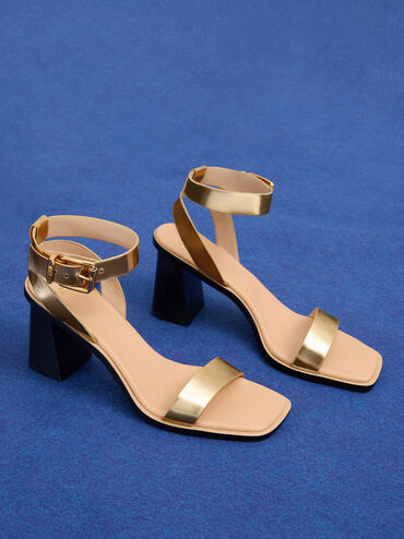 Metallic Leather Ankle-Strap Block-Heel Sandals, Gold, hi-res