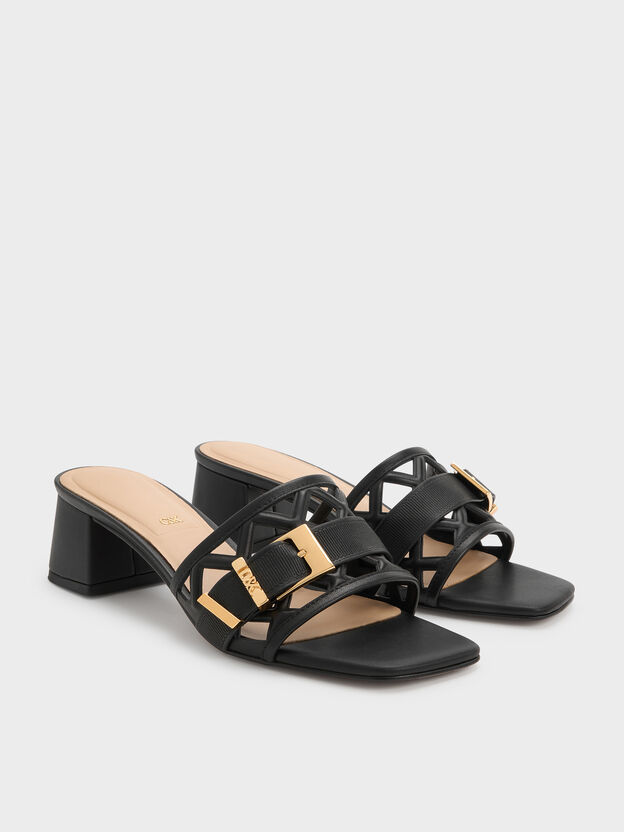 Whitney Leather Cut-Out Heeled Mules, Black, hi-res