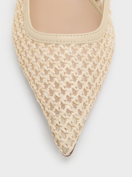 Raffia Sculptural-Heel Slingback Pumps, Beige, hi-res