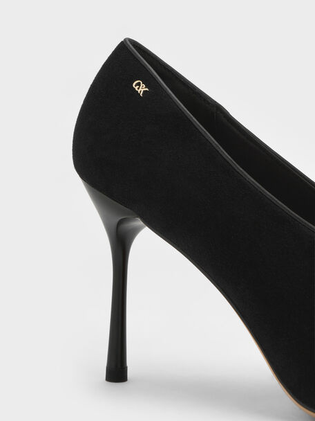 Leather & Suede Pointed Pumps, Black Textured, hi-res