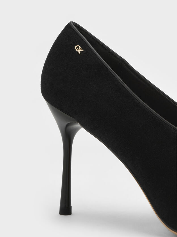 Leather & Suede Pointed Pumps, Black Textured, hi-res