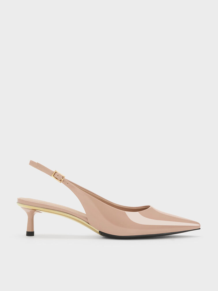 Curtis Patent Pointed-Toe Kitten-Heel Slingback Pumps, Nude, hi-res