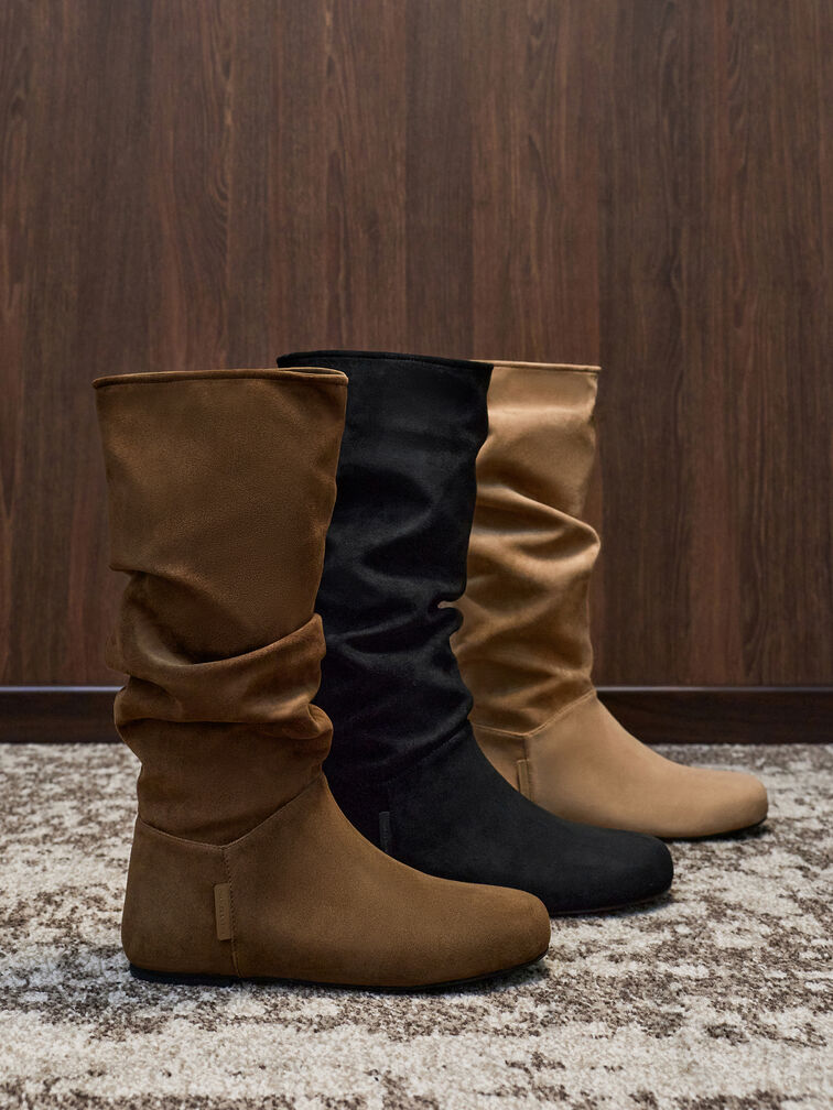 Faux Suede Ruched Knee-High Boots, Black Textured, hi-res